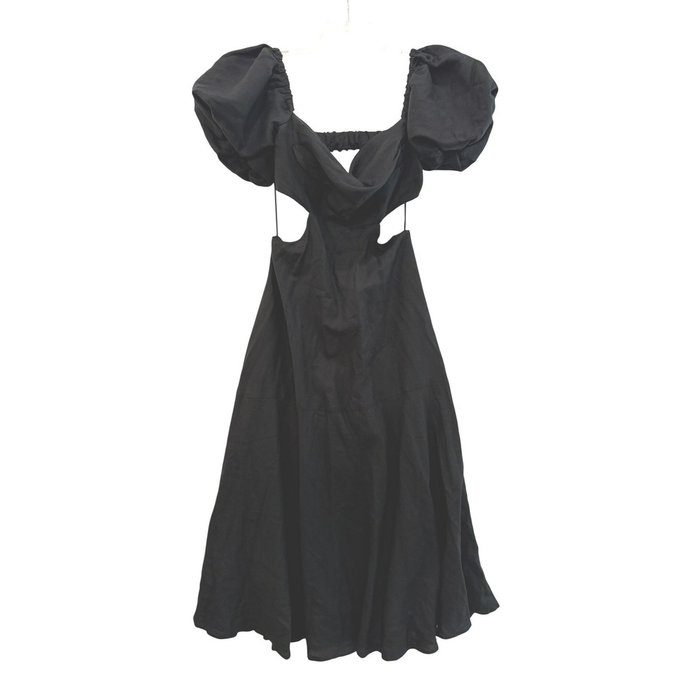 ASTR the Label Black Linen Blend Cutout Puff Sleeve Midi Dress  Size Medium